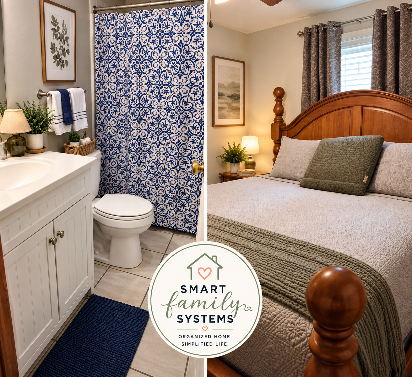 A clean bathroom and neatly styled bedroom completed by Smart Family Systems