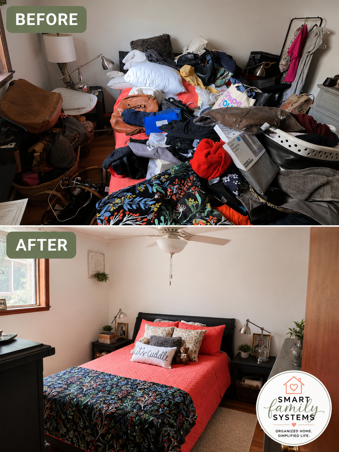 Bedroom before and after organizing by Smart Family Systems
